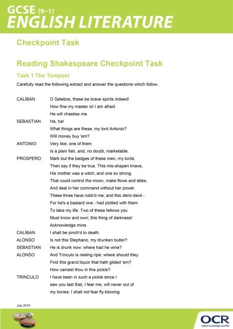 Checkpoint Task Reading Shakespeare Checkpoint Instructions and answers for teachers These instructions should accompany the OCR resource Reading Shakespeare Checkpoint Task activity which supports