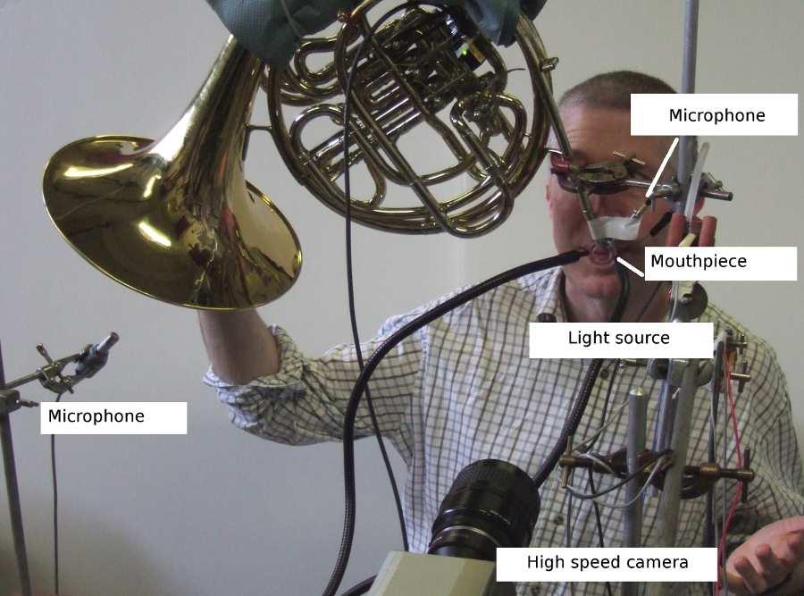 4.4. Experimental Method Figure 4.4: The experimental setup for the horn during brassy playing. The Phantom camera was used to film the motion of the lips.