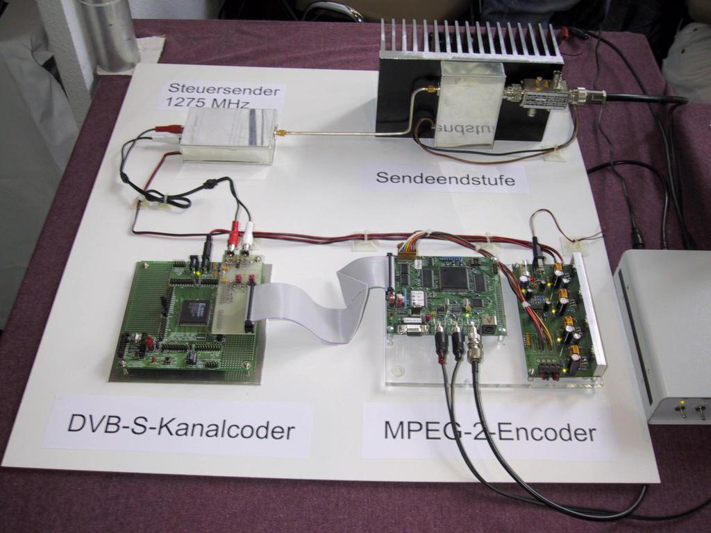 Figure 7: The Complete DVB-S Transmitter demoed at the Friedrichshafen Ham Fair Since the Xilinx FPGA device is now only about 10% full, there are numerous extensions possible, such as