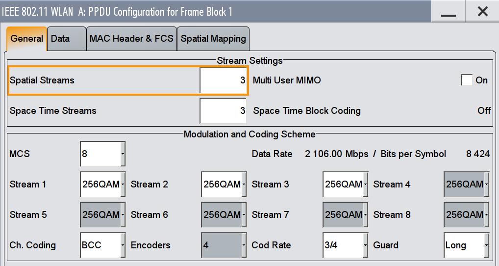 Please see reference [10] for a detailed description. 9.3 Fading Simulation Settings In the General tab of the fading menu the user can chose from predefined MIMO settings for WLAN 11ac.