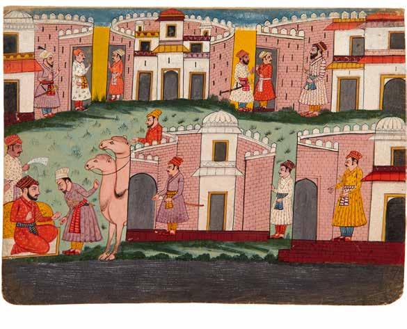 Lot 48 48 Camel-riding tradesmen selling goods, on card, Bilaspour painting, Kangra school [Himachal Pradesh, India, c.