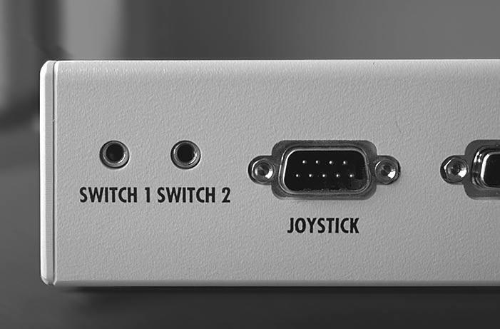 ) phono plug and connect into the Switch jack. Joysticks or multiple switches (like a touch pad) plug into the Joystick port.