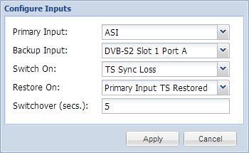 Active Input Indicator Active Input and Failover Configuration Menu Setting Range Description Primary Input Backup Input Switch On ASI MPEG/IP Slot X Stream X DVB-S2 Slot X Port X DVB-S2X Slot X