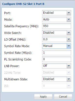 Setting Range Description Port Mode Satellite Frequency Wide Search DVB-S DVB-S2 Auto C-Band: 4GHz 8GHz Ku Band: 11.2Ghz 14.