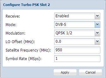 Setting Range Description Recieve Mode DVB-S TurboPSK Modulation QPSK 1/2 QPSK 2/3 QPSK 3/4 QPSK 5/6 QPSK 7/8 8PSK 2/3 8PSK 3/4 (2.05) 8PSK 3/4 (2.10) 8PSK 3/4 (2.