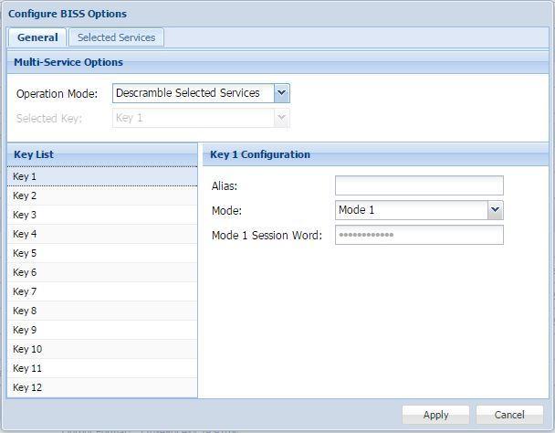 4.2.10.1 Configuring BISS Keys This menu allows the user to configure BISS descrambling. 12 unique BISS keys can be entered.