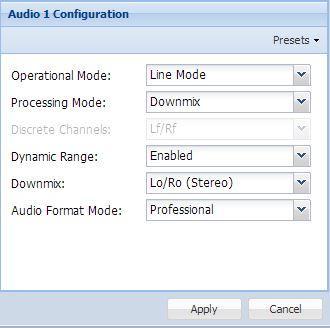 are available: Transmission and Monitor. These presets can be applied by clicking the button. The menus for Audio 1 through Audio 4 all contain the same settings.