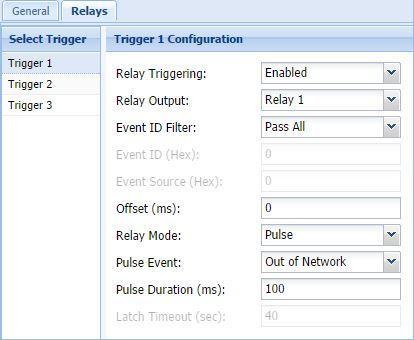 Setting Range Description Relay Triggering Relay Output Relay 1 Event ID Filter Relay 2 Relay 3 Pass All Pass Event ID Pass Event Source Enable or Disable selected Trigger Select which Relay the