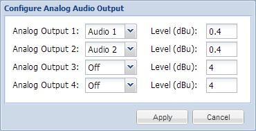 Setting Range Description Analog Output 1-4 Off Audio 1-4 Assign Audio 1-4 to an analog audio output for output. Select Off to disable the analog output completely.