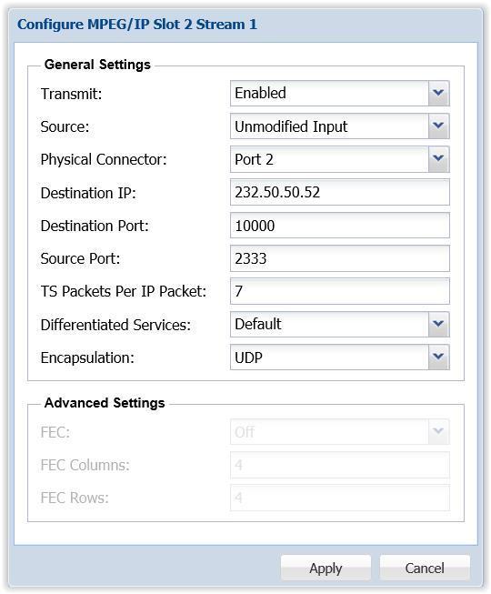 4.2.28 Configuring the MPEG/IP Outputs This menu allows the user to configure the MPEG/IP outputs. Each MPEG/IP card has two ports that can be set to receive and/or transmit.