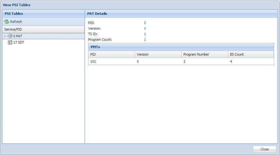 4.2.30 Viewing PSIP Information To view the PSIP information for the applied TS, select the View PSI Tables button located on the right hand side of the Inputs section.