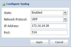 Action Range Description State Network Protocol IP Address UDP TCP Four decimal octets: XXX.XXX.XXX.XXX Enable or Disable sending messages to Syslog server.