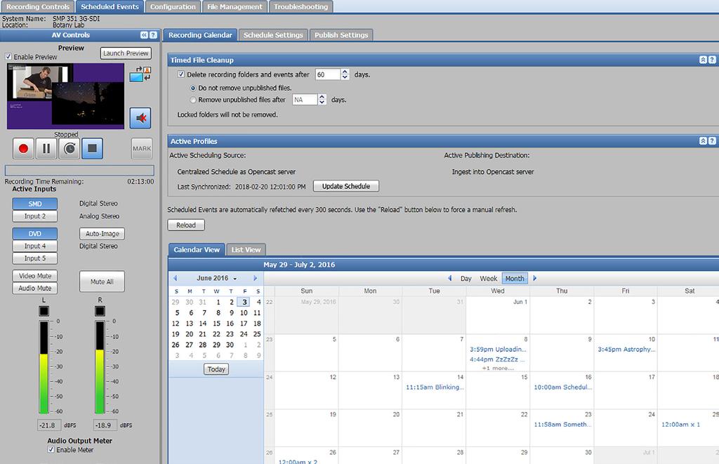 Scheduled Events Recording Calendar The Scheduled Events page includes three secondary tabs, Recording Calendar, Schedule Settings on the next page, and Publish Settings on page 65, with