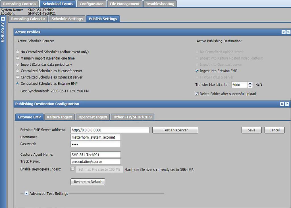 Publish Settings The Publish Settings page provides controls to specify the server destination to upload completed recordings, to configure and test protocols and settings to enable publication
