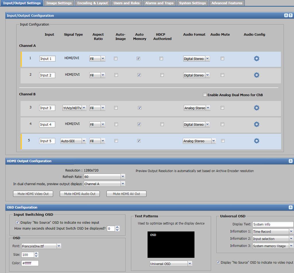 Input/Output Settings The three expandable panels within the Input/Output Settings page allow an administrator to select a number of settings for video input, test the output, and select options for