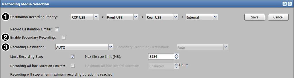Setting the Default Recording Media To choose where a recording is saved during its creation: NOTE: Secondary storage mode is not available and cannot be selected if dual channel encoding mode is