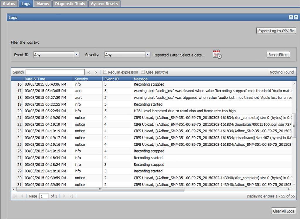Logs The Logs page within Troubleshooting displays a list (log) of alerts and notices for any event set up for a status other than Disabled in the Configuration > Alarms and Traps > Alarm Message