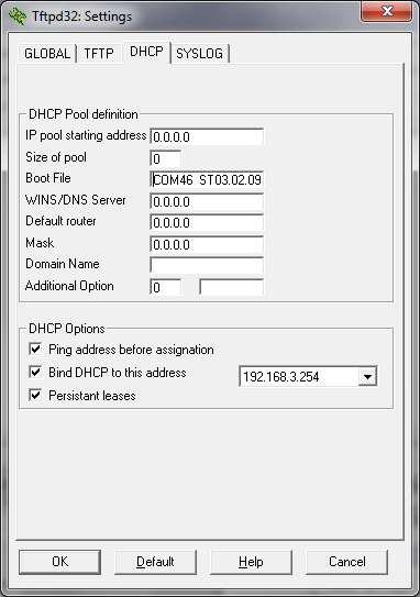 In the DHCP settings tab, enter the filename of the application