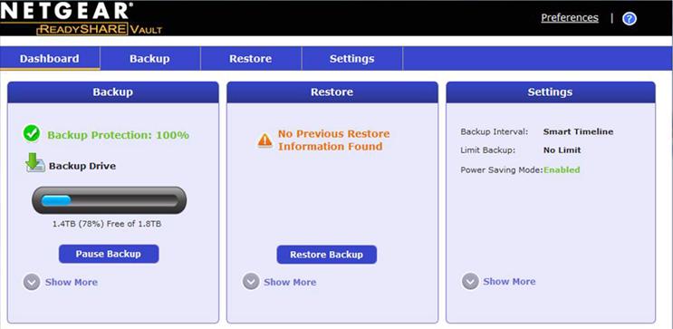 4. Lansaţi aplicaţia ReadySHARE Vault. 5. Utilizaţi fila Dashboard (Tablou de bord) sau Backup (Copie de rezervă) pentru configurarea şi rularea copiei de rezervă.