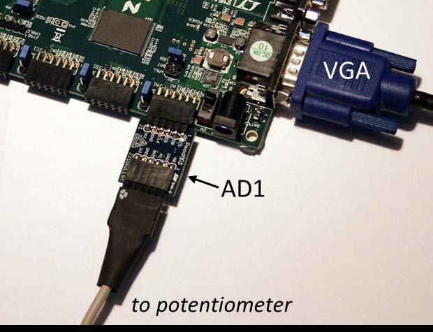 Figure 4 PmodAD1 Module inserted in PMOD jack JA1 with connector cable to potentiometer 4. Configuring the FPGA 4.