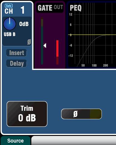 Qu-Drive (dark blue Gain) USB B (Light blue Gain) Channel USB source Qu-Drive source (dark blue Gain) Stereo or multitrack playback from a USB hard drive plugged into the top panel Qu-Drive port.