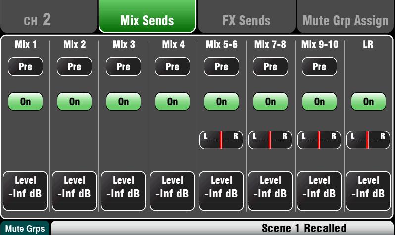 Channel Mix Sends screen Use this screen to work with the sends and assignments from one channel to all the mixes. Each send can be set Pre or Post fader.