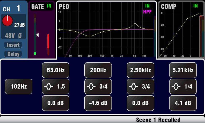 7.1 The Sel screens Processing and Routing Processing Screen When selected this screen presents the processing such as Preamp, EQ, Gate, Compressor for the channel or master currently selected using