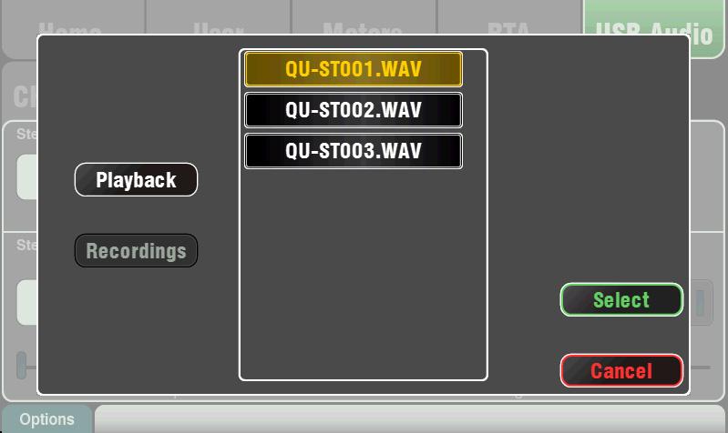Patch the source to be recorded using the Setup / Audio / Output Patch screen Qu-Drive option menu. The record meter on the USB page displays the current source.