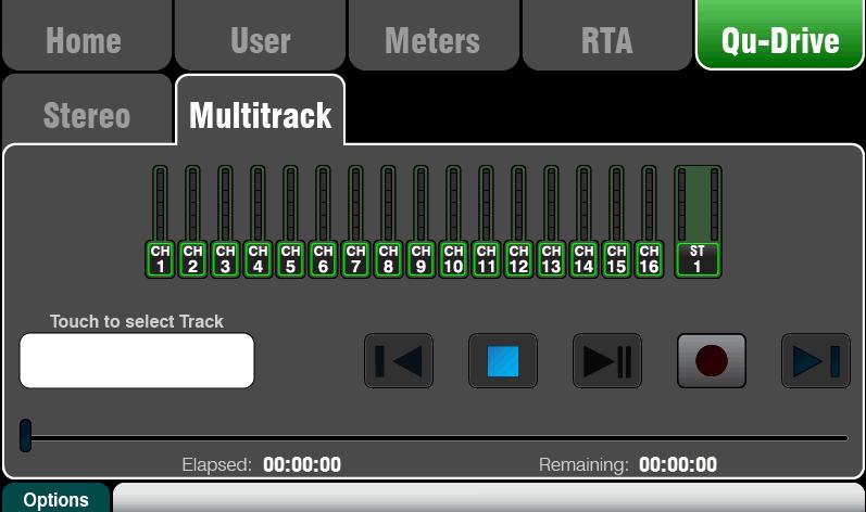 Qu-Drive Multitrack page This screen presents the controls for multitrack recording to and playback from a USB hard drive plugged the top panel Qu-Drive port.