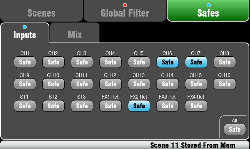 A Recall Filter protects one parameter type for all channels. A Recall Safe protects all parameters for one channel. The Global Filter screen A scene stores all mix parameters.