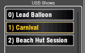 This opens the screen keypad for naming the Show. Recall Select a Show in the USB list. Touch the button to overwrite the current Qu mixer settings with the contents of the USB Show.