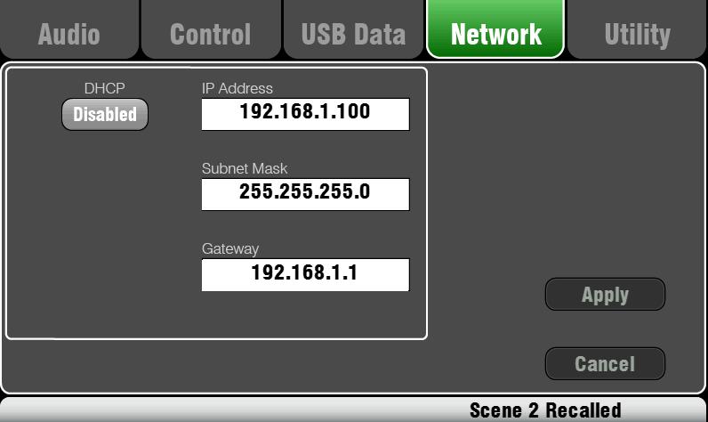 8.9 Network Setup Use this screen set the TCP/IP address for the Network port.