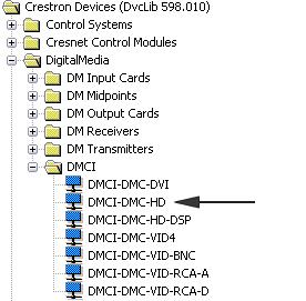 Crestron DMCI DigitalMedia Card Interface Locating the DMCI-DMC-HD in the Device Library The system tree of the control system displays the device in the appropriate slot with a default Net ID as