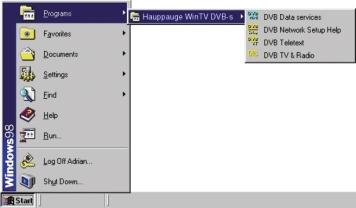 Operation of the WinTV DVB-s Applications After installing the WinTV DVB-s PCI card and software you can select various applications from the Windows Start-menu.