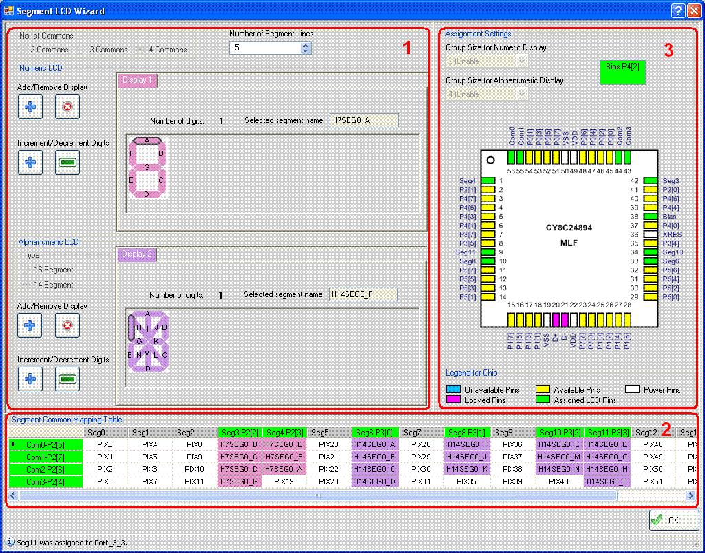 Figure 8. SLCD User Module Wizard There are three main sections (shown with additional color coding in the figure) of the SLCD Wizard: 1.