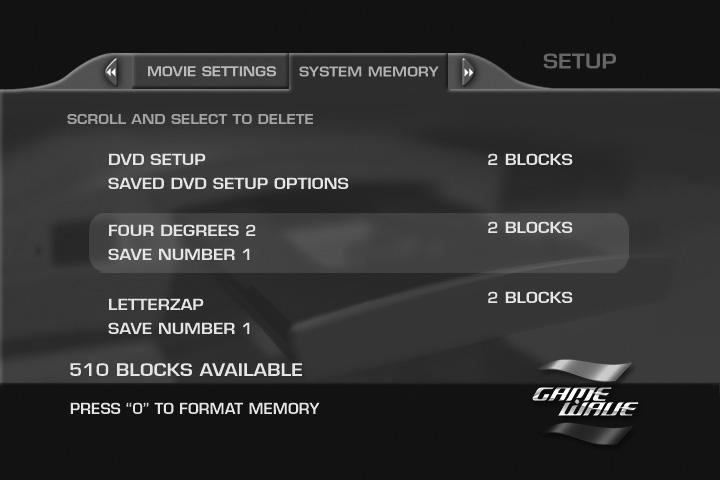 The setup menu allows you to change various movie playback and game memory options.