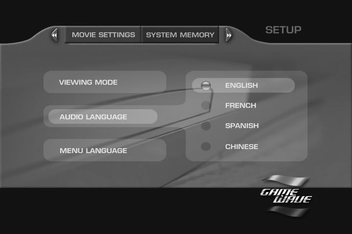 Fast ewind Stop Fast Forward Set up Menu MOVIE SETTINGS MENU Viewing Mode Allows you to adjust movie playback based on your television.