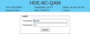 HDE-8C-QAM with Option STEP - Login Log in to the HDE-8C-QAM, using a standard web browser. This can be done through the Control 0/00 port, next to the Receiver Control port.