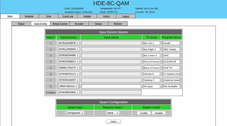 8 HDE-8C-QAM with Option 6. "Main > Input Config" Screen The Main > Input Config screen (Figure 6.