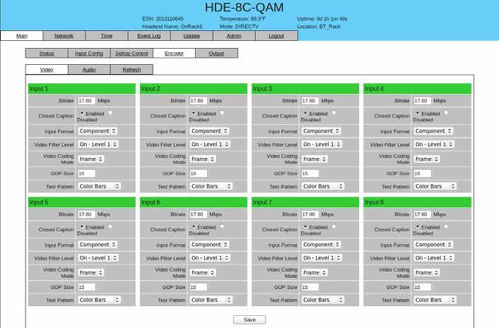 HDE-8C-QAM with Option 6.5 "Main > Encoder" Tab The Main > Encoder tab includes the following sub tabs: Video and Audio. 6.5. Main > Encoder > Video Screen The Main > Encoder > Video screen (Figure 6.