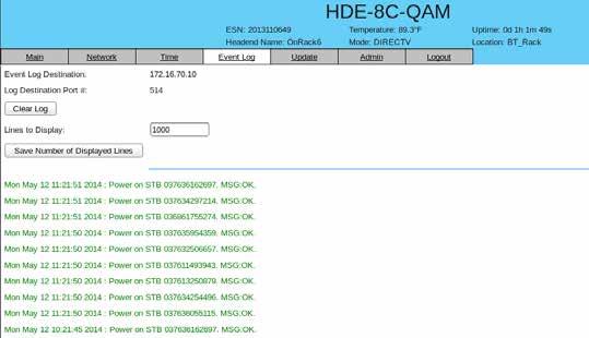 HDE-8C-QAM with Option 5 6.0 "Event Log" Screen The Event Log screen (Figure 6.0) is a read and write screen where the following parameters can be displayed or configured.