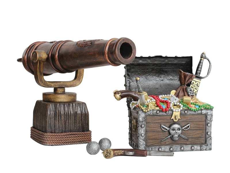 741 - Black Beard Pirate - Parrot On Treasure Chest 742 - Bronze Pirates Cannon -