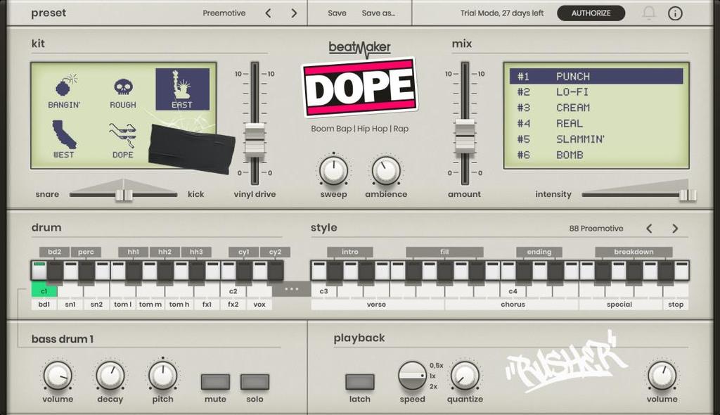 What is Beatmaker DOPE? Beatmaker DOPE is a software instrument doubling as your personal, realtime drum track creator in the studio, with you taking the producer s chair. Beatmaker vs.