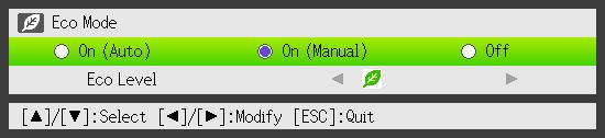 Eco Mode (Power Saving, Low Noise) The following three Eco Mode settings are available to specify whether priority should be given to low-power, low-noise operation or to projection brightness.