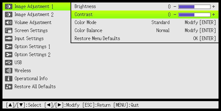 Basic Setup Menu Example The procedure below shows how to configure the following three settings: Image Adjustment 1 Contrast Image Adjustment 1 Color Mode Input Settings Signal Name Indicator Note