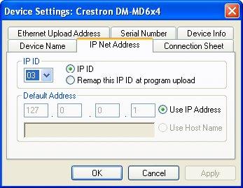 If necessary, double-click a device to open the Device Settings dialog box and change the IP ID as shown in the following illustration.
