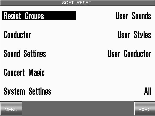 122 18) Soft Reset The Soft Reset function allows you to return all of the User Settings back to the original Factory Settings.