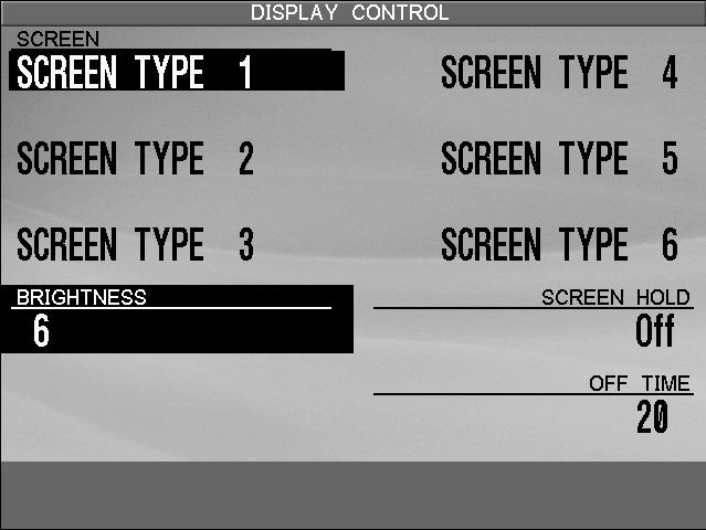 124 20) Display Control This function controls the background screen design, brightness and Screen Hold of the display.