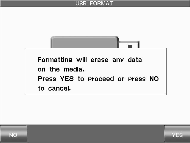 135 Formatting a USB Memory Device The format function allows all data stored on the USB memory device to be cleared. To format a USB memory: In the USB menu, touch FORMAT.