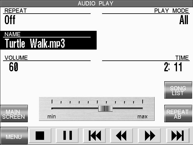 140 REPEAT : Repeat the current audio file. NAME : The name of the current audio file. VOLUME : Adjust the volume using the dial.